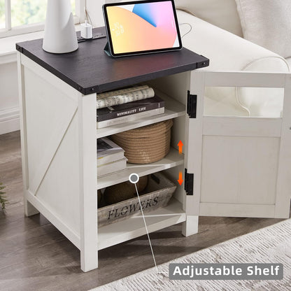 JXQTLINGMU Farmhouse End Table with Charging Station, 18'' Rustic Nightstand with Barn Door &