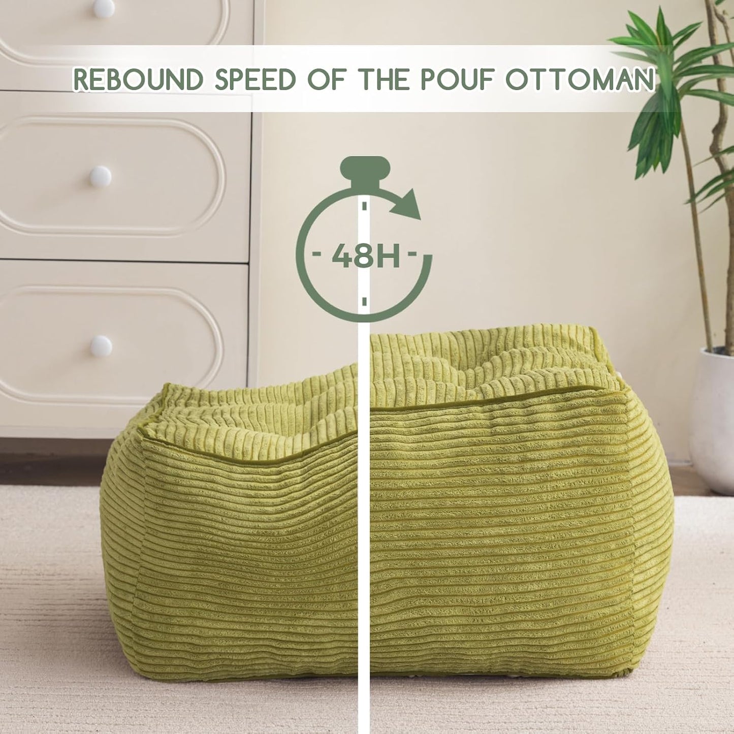 HIGOGOGO Square Stuffed Pouf Ottoman, Corduroy Poufs with Foam Chunk Filling, Furry and Fluffy Pouf