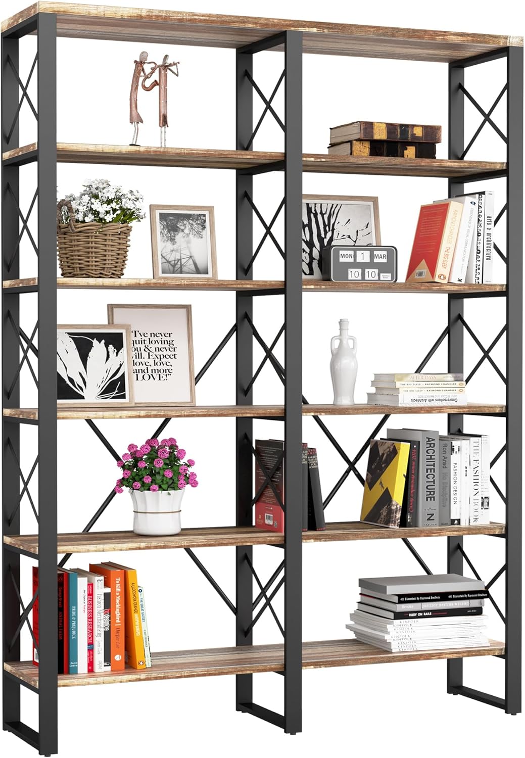 IRONCK Bookshelves Double Wide 6-Tier 76" H, Open Large Bookcase, Industrial Style Shelves for Home