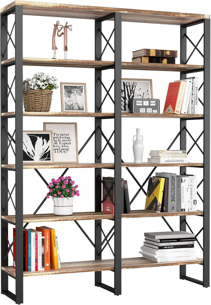IRONCK Bookshelves Double Wide 6-Tier 76" H, Open Large Bookcase, Industrial Style Shelves for Home
