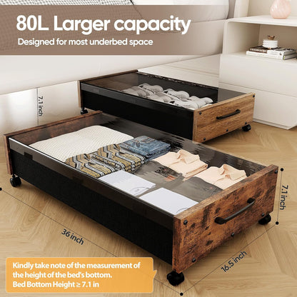 Wooden Under Bed Storage with Wheels, 80L Extra-large Rolling Under the Bed Storage Bins 2 Pack