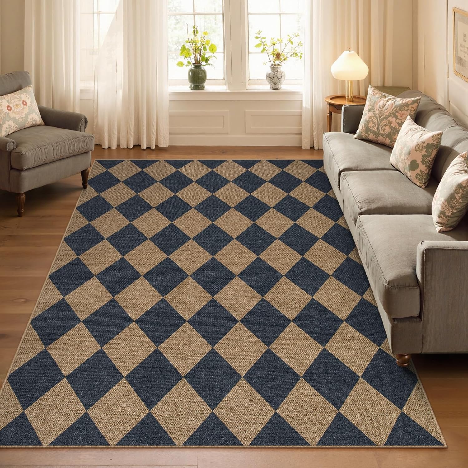 Lahome Checkered Easy Jute Washable Rug, 5x7 Area Rugs for Living Room Nature Large Dining Room