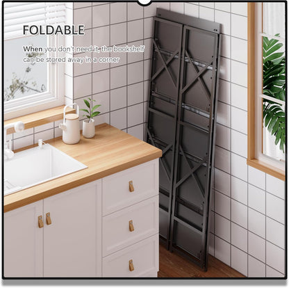 4NM 5 Tiers No Assembly Book Shelves, 51.2" H Folding Bookshelf Bookcase Open Industrial Foldable