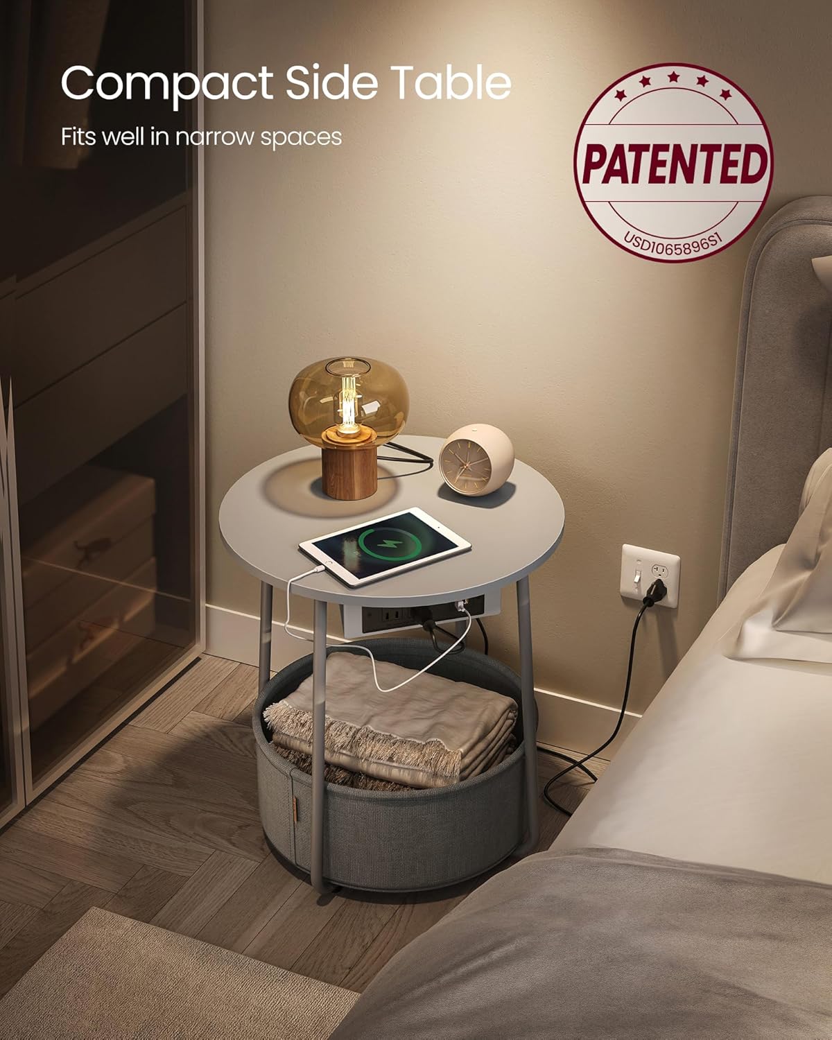 VASAGLE Side Table with Charging Station, Round End Table with Fabric Basket, Nightstand with Power