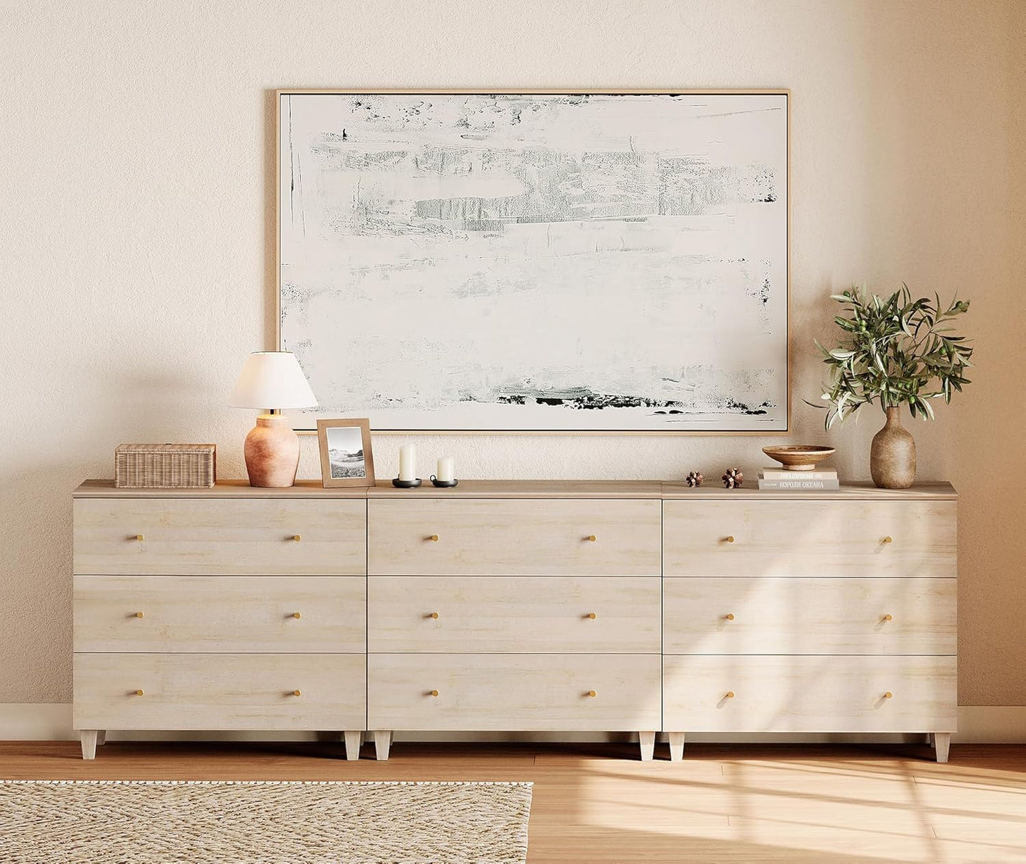 WAMPAT Dresser with 9 Drawers, Bedroom 3-in-1 Wide Wooden Chest of Drawers, Modern Long Dressers