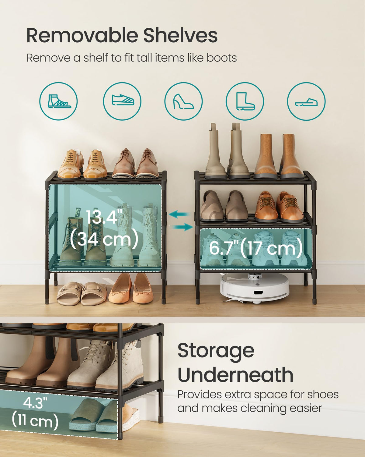 SONGMICS 3-Tier Shoe Rack, Stackable Compact Metal Shoe Storage Organizer