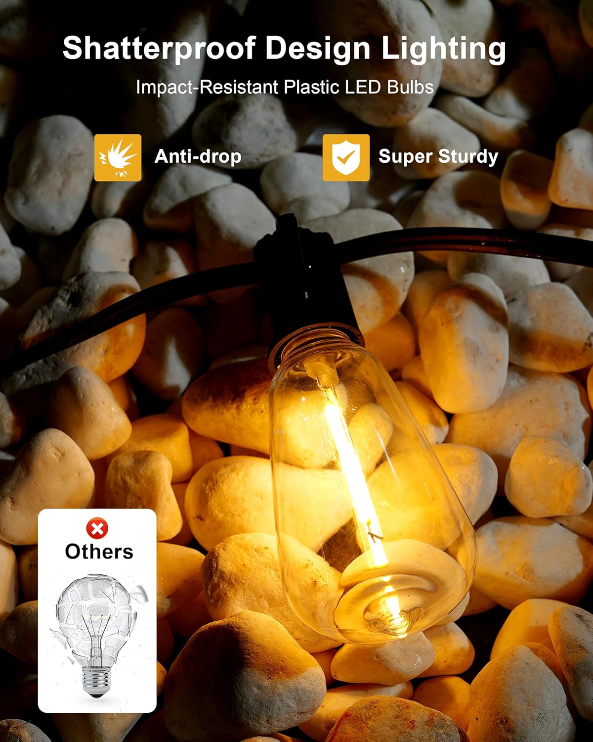 Outdoor String Lights - 50FT LED Patio Lights with 27 Shatterproof Waterproof Bulbs, Connectable