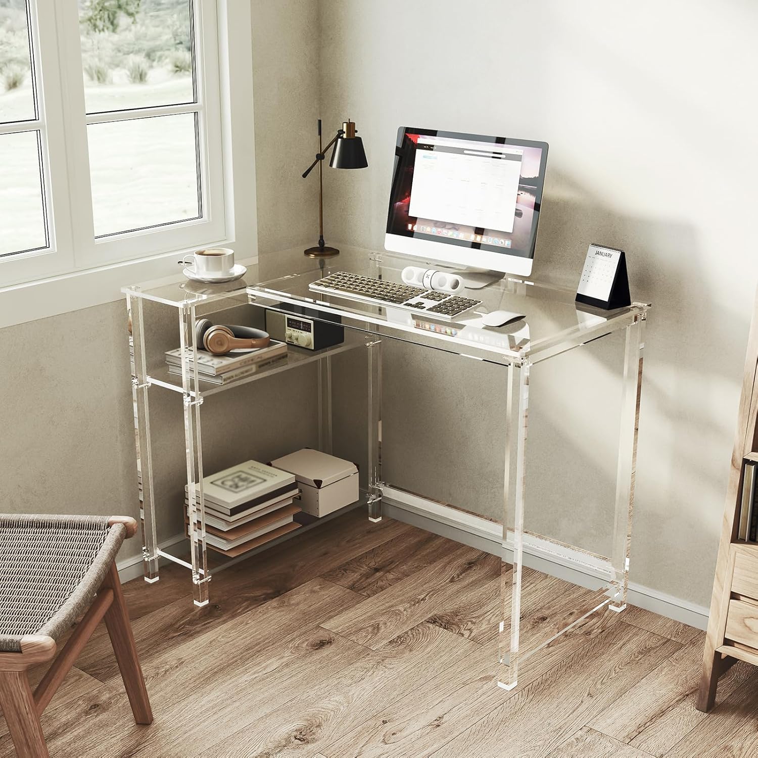 Eglaf Acrylic L-Shaped Desk - Clear Desk with Reversible Storage Shelves - Modern Home Office Desk