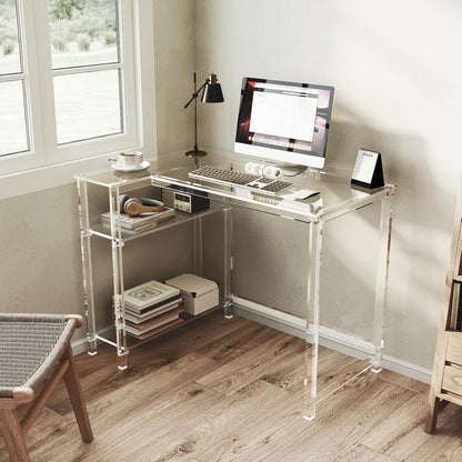 Eglaf Acrylic L-Shaped Desk - Clear Desk with Reversible Storage Shelves - Modern Home Office Desk