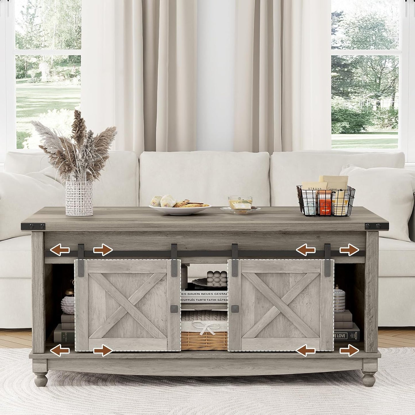 48" Farmhouse Lift Top Coffee Table with Storage Sliding Barn Door & Large Hidden Compartment