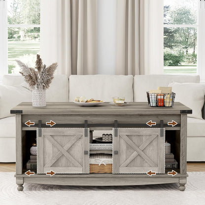 48" Farmhouse Lift Top Coffee Table with Storage Sliding Barn Door & Large Hidden Compartment