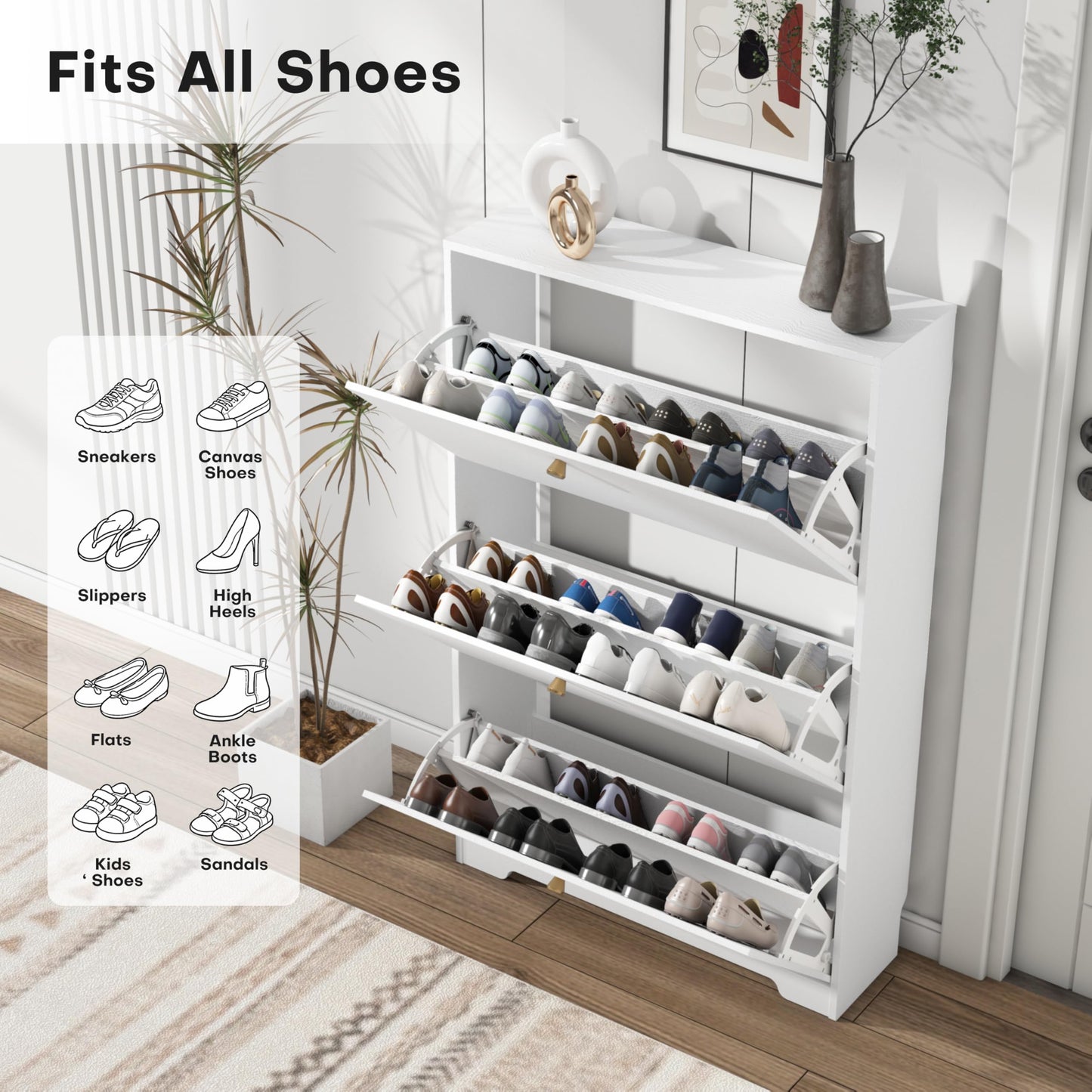Nicetree Shoe Cabinet with 3 Flip Drawers, Modern Entryway Organizer, White