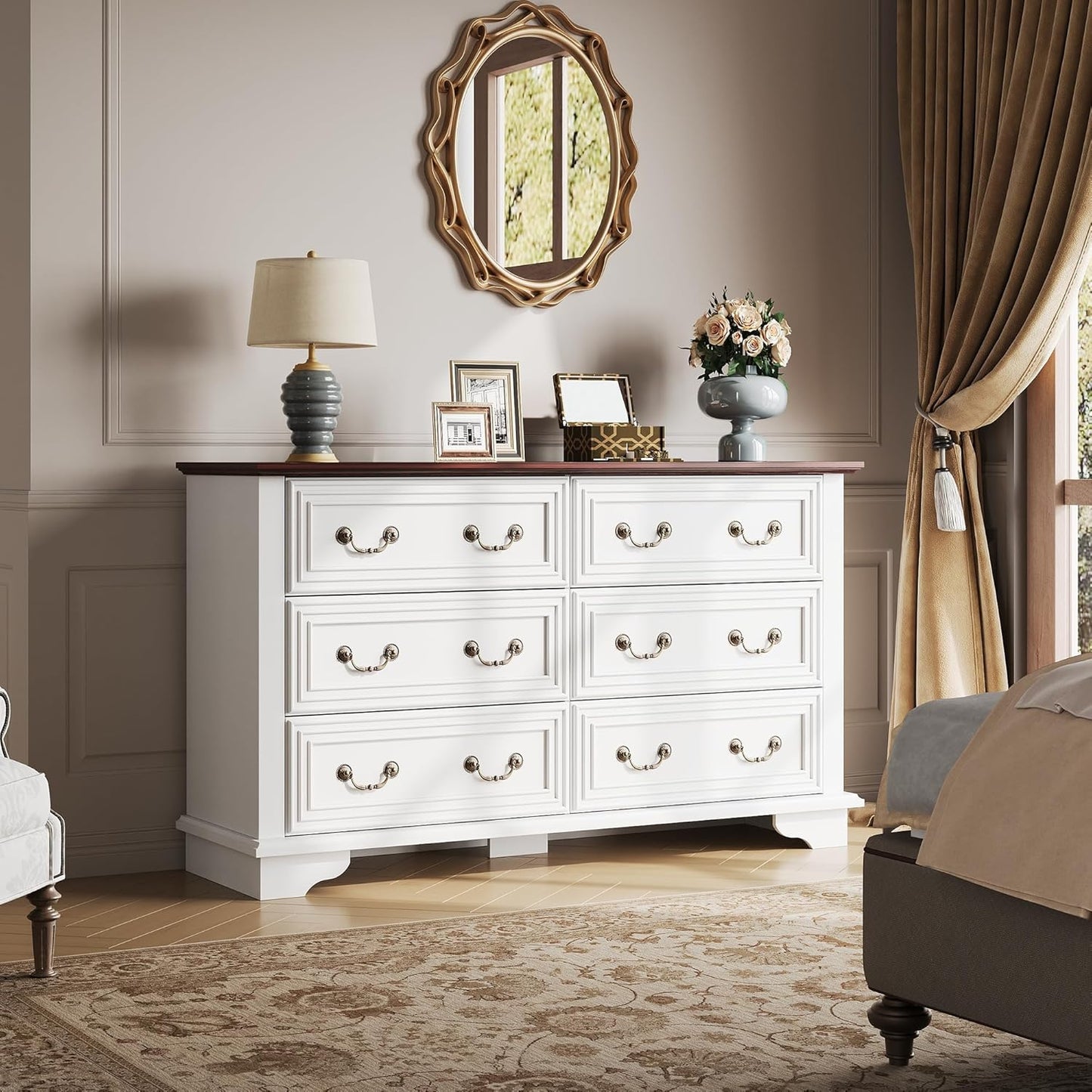 WLIVE Farmhouse Dresser for Bedroom, 51.97'' Wide Wood White Dresser with 6 Drawer, Chest of