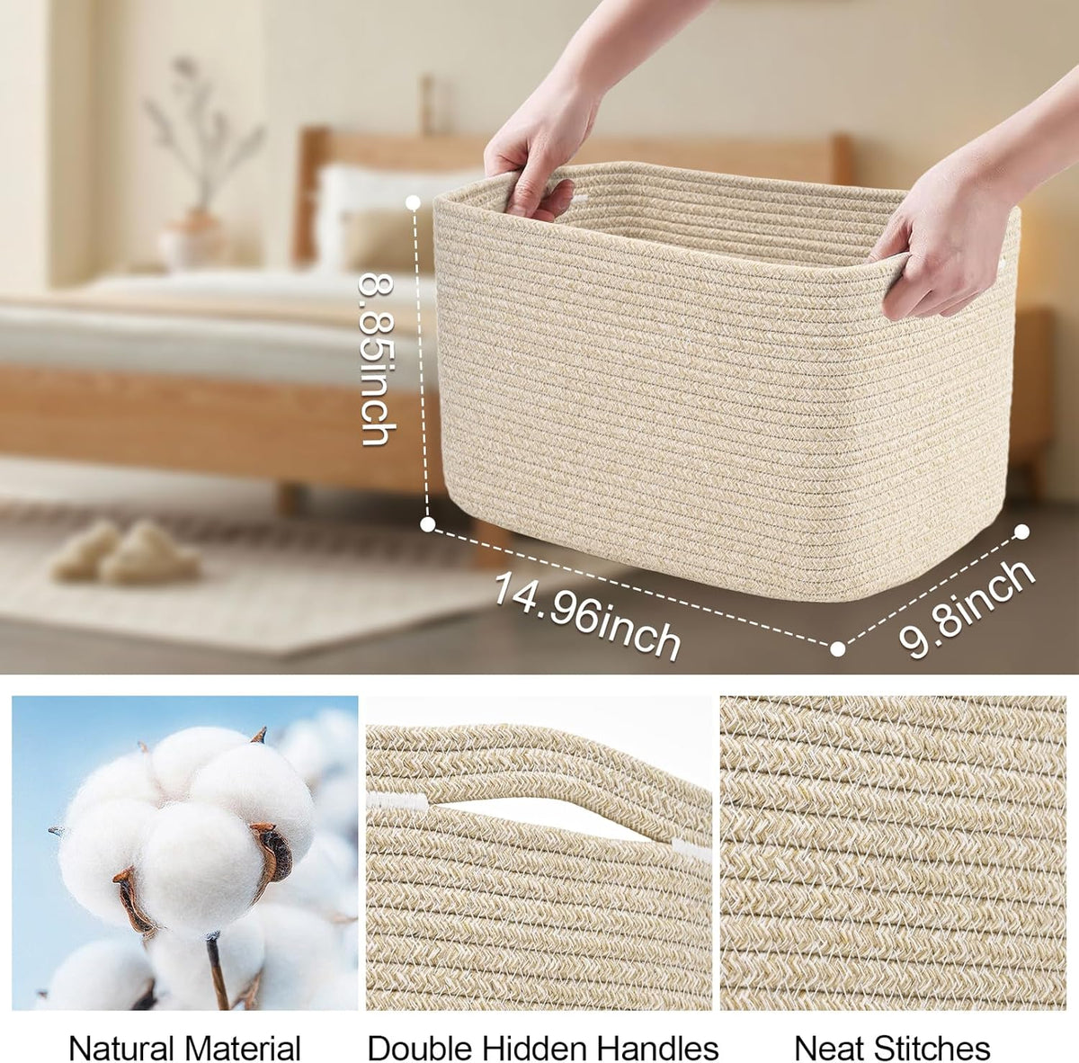 3-Pack Shelf Baskets for Organizing, Woven Storage Basket for Shelves, Cotton Rope Storage Bins for