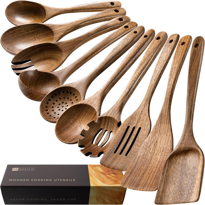 Wooden Spoons for Cooking, Nonstick Cooking Utensil Set with 10 Piece Acacia Wooden Spatulas and