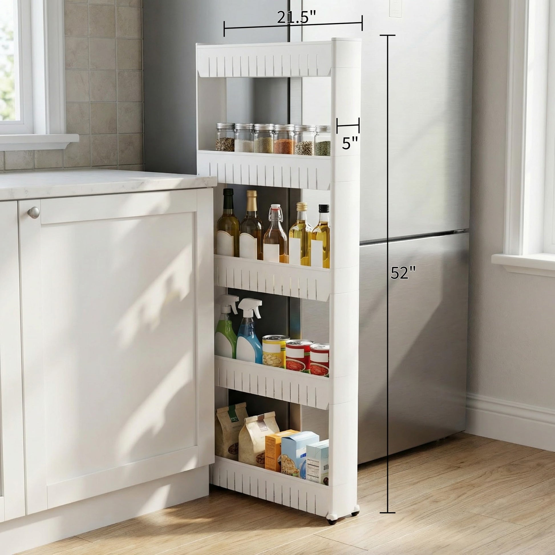 Slim Rolling Storage Cart - 5-Tier Utility Cart with Wheels for Bathroom, Kitchen, and Laundry Room