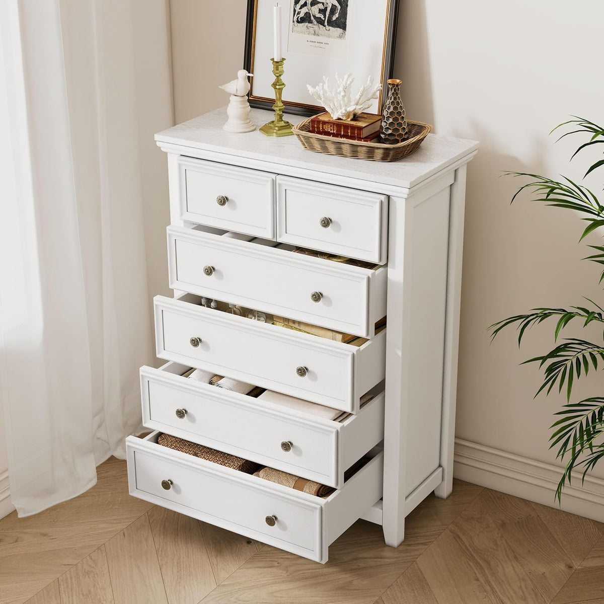BLANKSPACE White Farmhouse Dresser, 6 Chest Drawer Dresser for Bedroom, Large Capacity Nightstand
