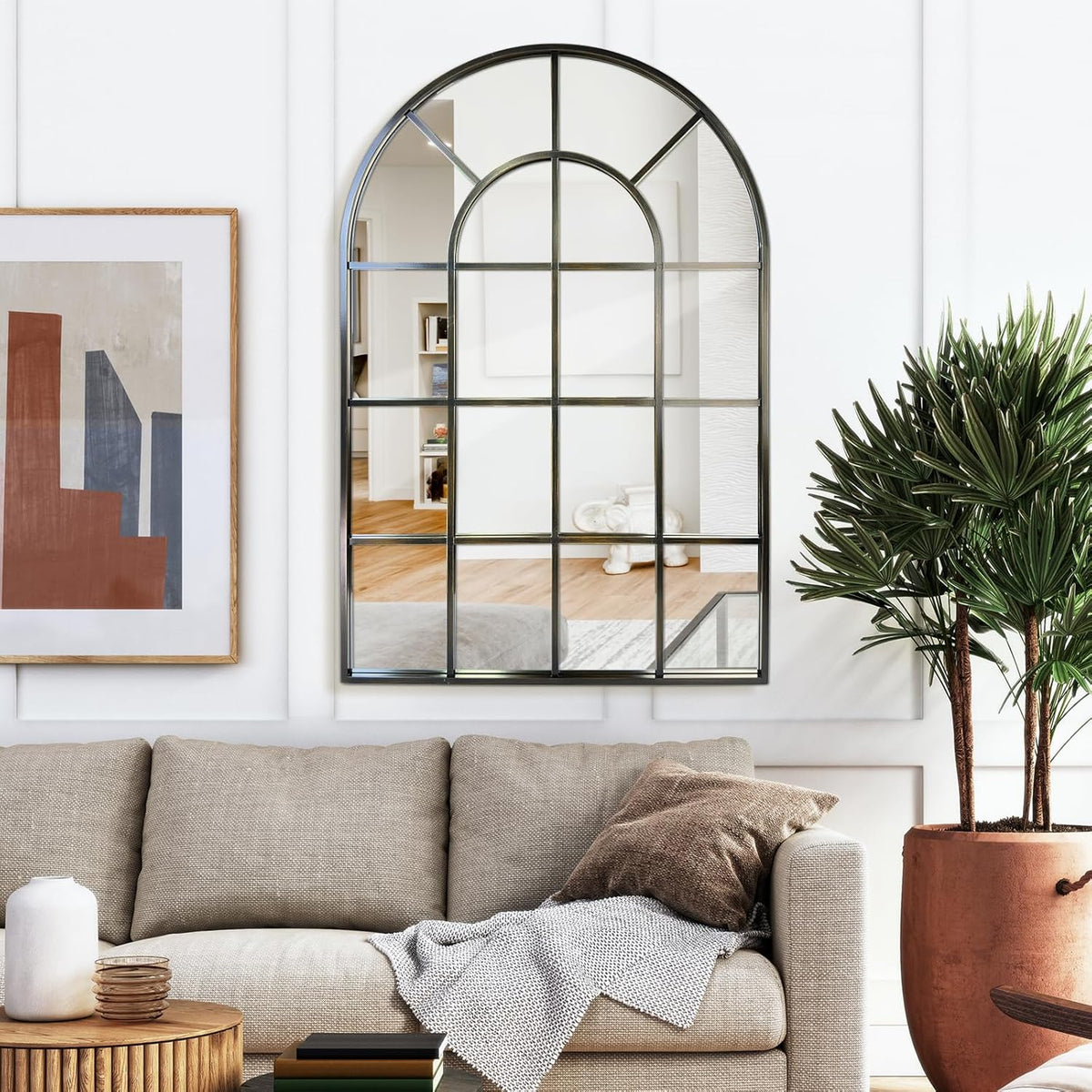 Arched Windowpane Wall Mirror 30"x48" Bronze Wall Mounted Art Pane Mirror Farmhouse Decorative