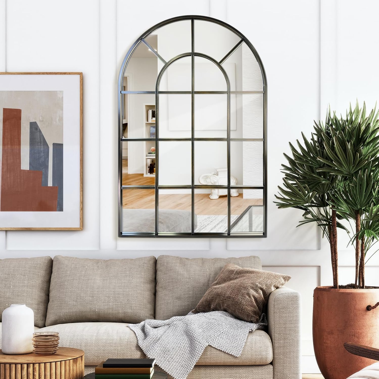 Arched Windowpane Wall Mirror 30"x48" Bronze Wall Mounted Art Pane Mirror Farmhouse Decorative