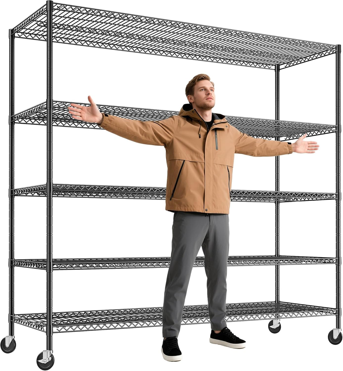 REIBII 85.7"H Storage Shelves 2998LBS Metal Shelving Units with Wheels&Feet, 5 Tier Garage Shelving