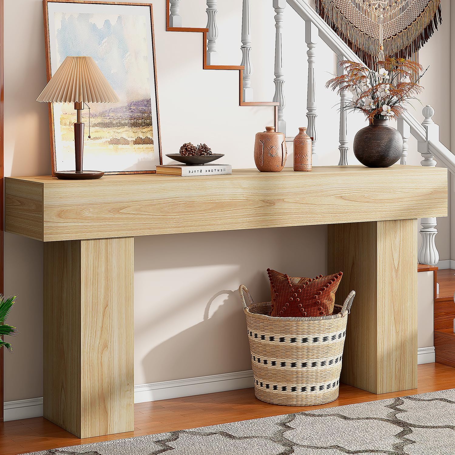 63 Inch Long Console Table for Entryway, Farmhouse Wood Rectangular Sofa Table Behind Couch Table