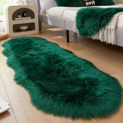 AMTOVO Faux Sheepskin Rug, Dark Green Ultra Soft Fluffy Shag Area Rug, 2 x 6 ft Faux Fur Rug for