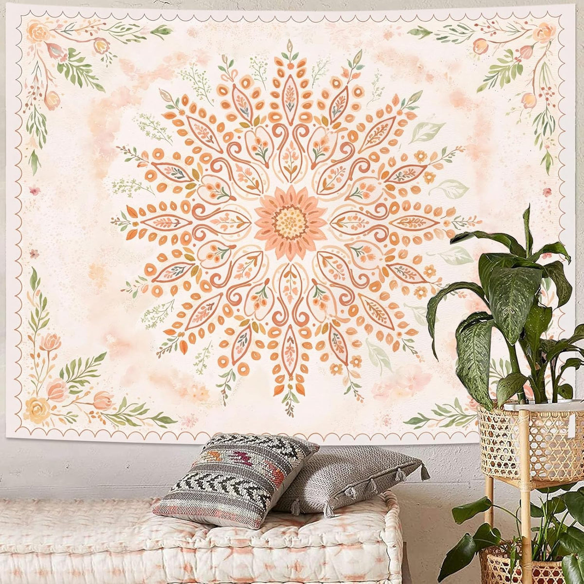Lunerfex Floral Mandala Tapestry Boho Tapestry for Bedroom Peach Tapestries Wall Hanging Living