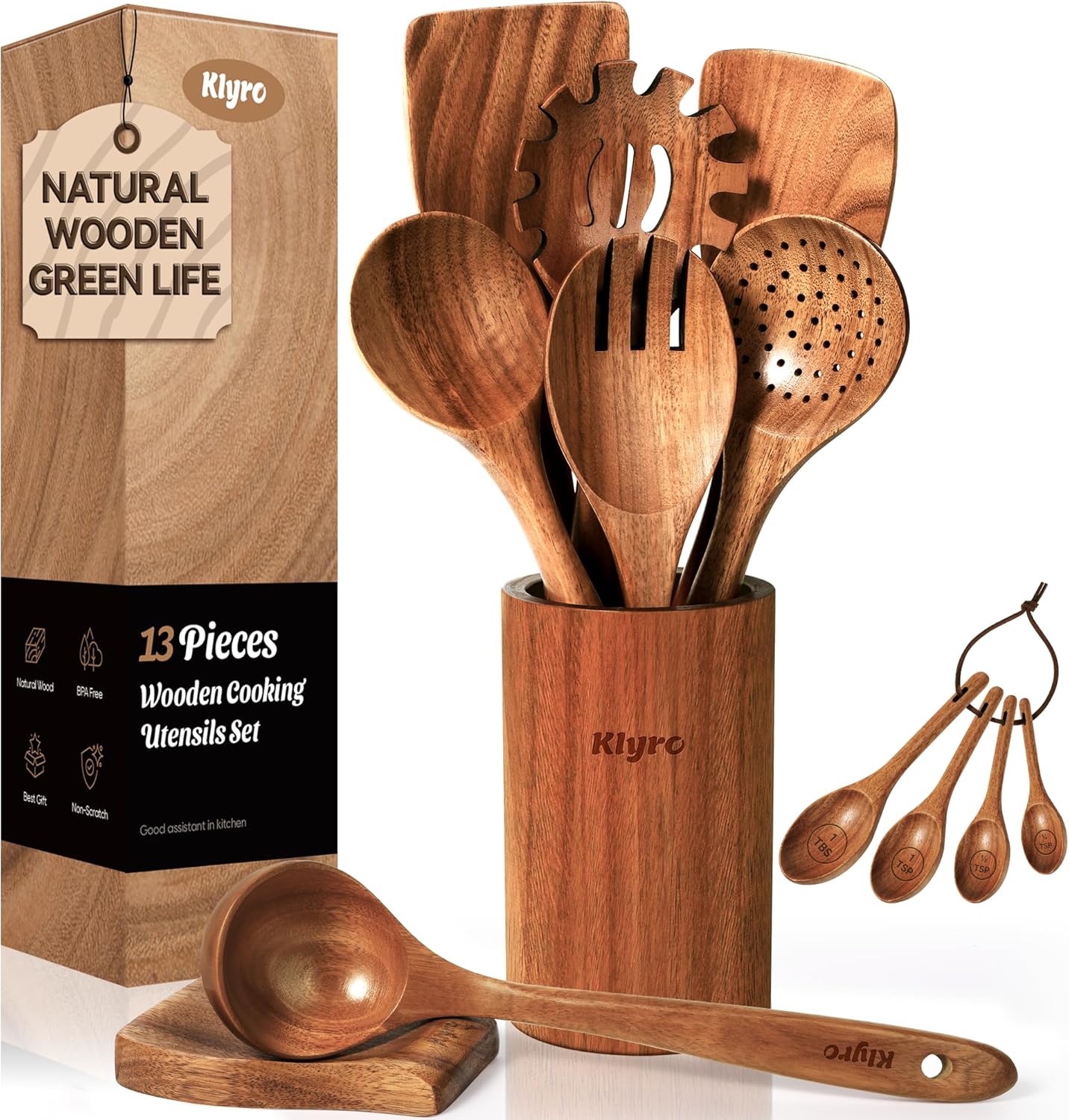 Wooden Spoons for Cooking, Nonstick Kitchen Utensils Set with 4 Piece Measuring Spoons, Comfort