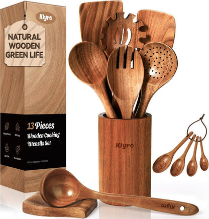 Wooden Spoons for Cooking, Nonstick Kitchen Utensils Set with 4 Piece Measuring Spoons, Comfort