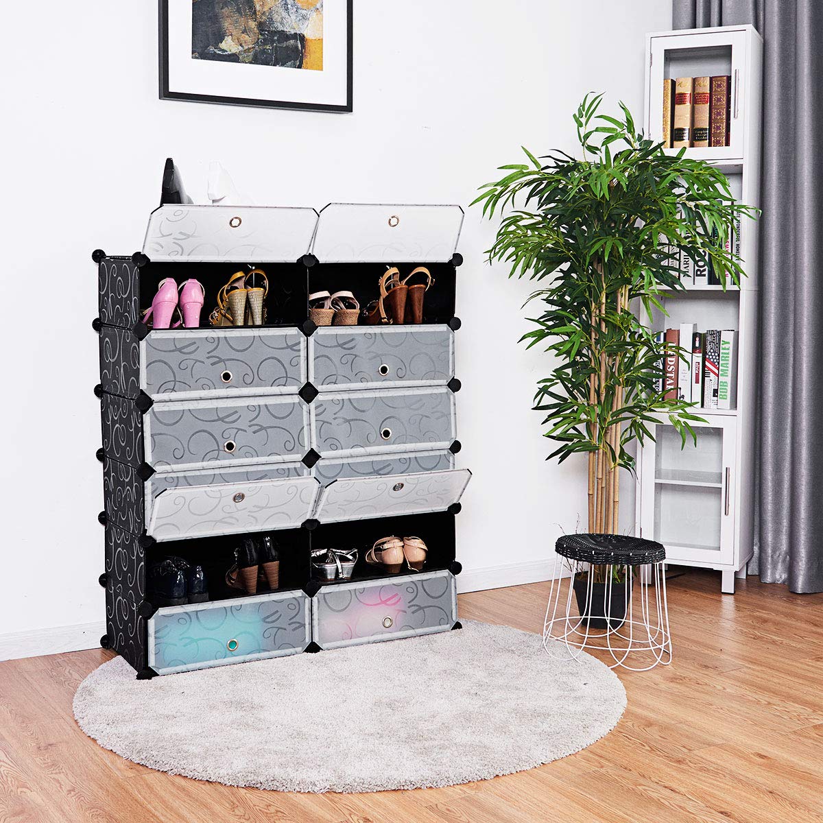 HAPPYGRILL Shoe Rack Organizer, 12-Cube Modular Plastic Shoes Storage Cabinet with 6-Tier Shoe