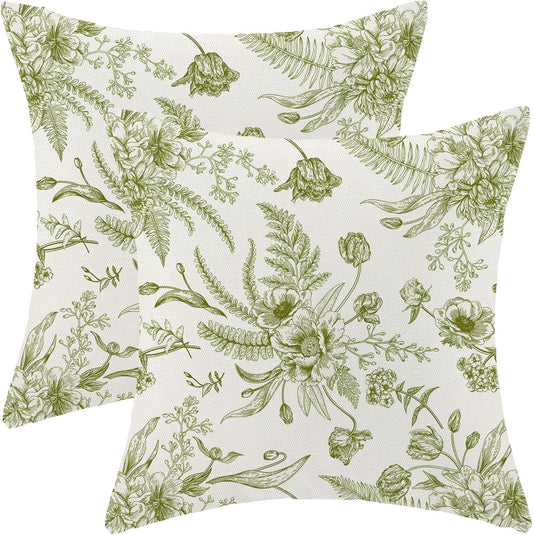 CXMEIFLY Sage Green Spring Pillow Covers 16 x 16 Inch Set of 2 for Chinoiserie Flowers Decor Throw