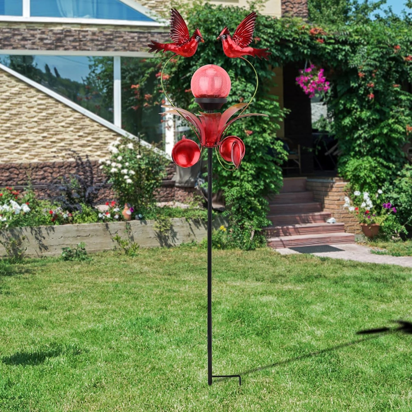 VCUTEKA Cardinal Solar Lights Outdoor Metal Garden Stake Waterproof Crackle Glass Globe Garden
