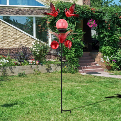 VCUTEKA Cardinal Solar Lights Outdoor Metal Garden Stake Waterproof Crackle Glass Globe Garden