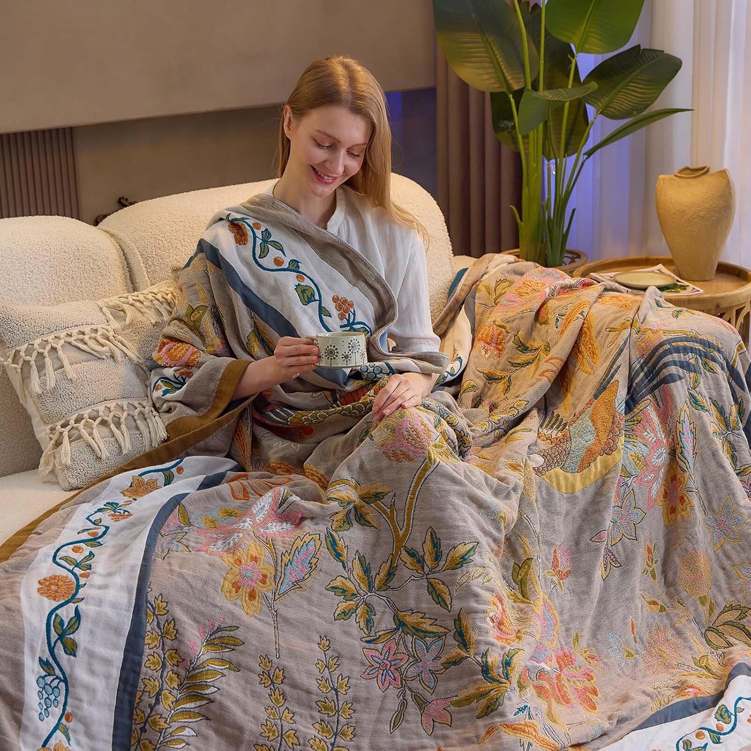 Boho Blanket, 100% Cotton Farmhouse Decorative Throw Blanket, 60"x80" Reversible Bohemian Throw