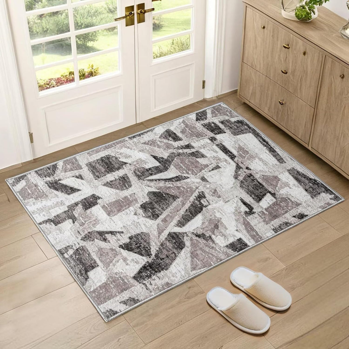 Modern Abstract Door Mat Indoor Entrance 2X3 Front Porch Area Rug Washable, Non-Slip Small Grey