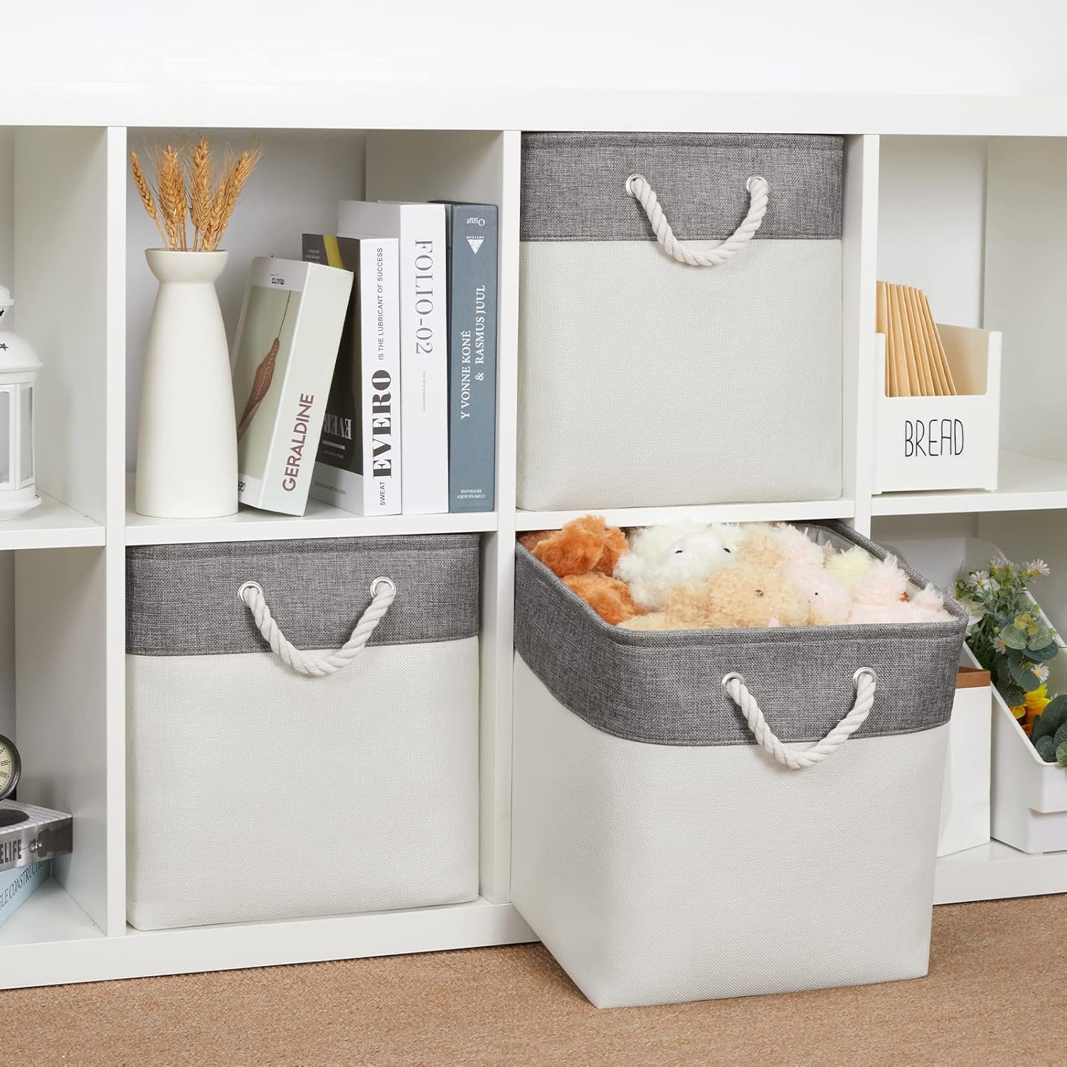 Bidtakay Fabric White Baskets for Shelves Set of 3 Cube Storage Large Organizer Bins 13x13 Closet