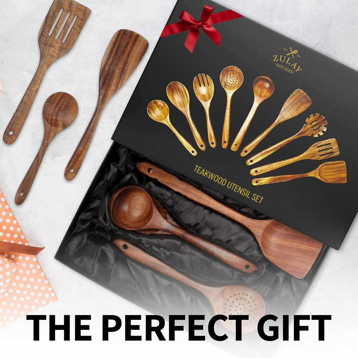 Zulay Kitchen 9-Piece Teak Wooden Utensils for Cooking - Natural Teak Utensil Set with Premium Gift