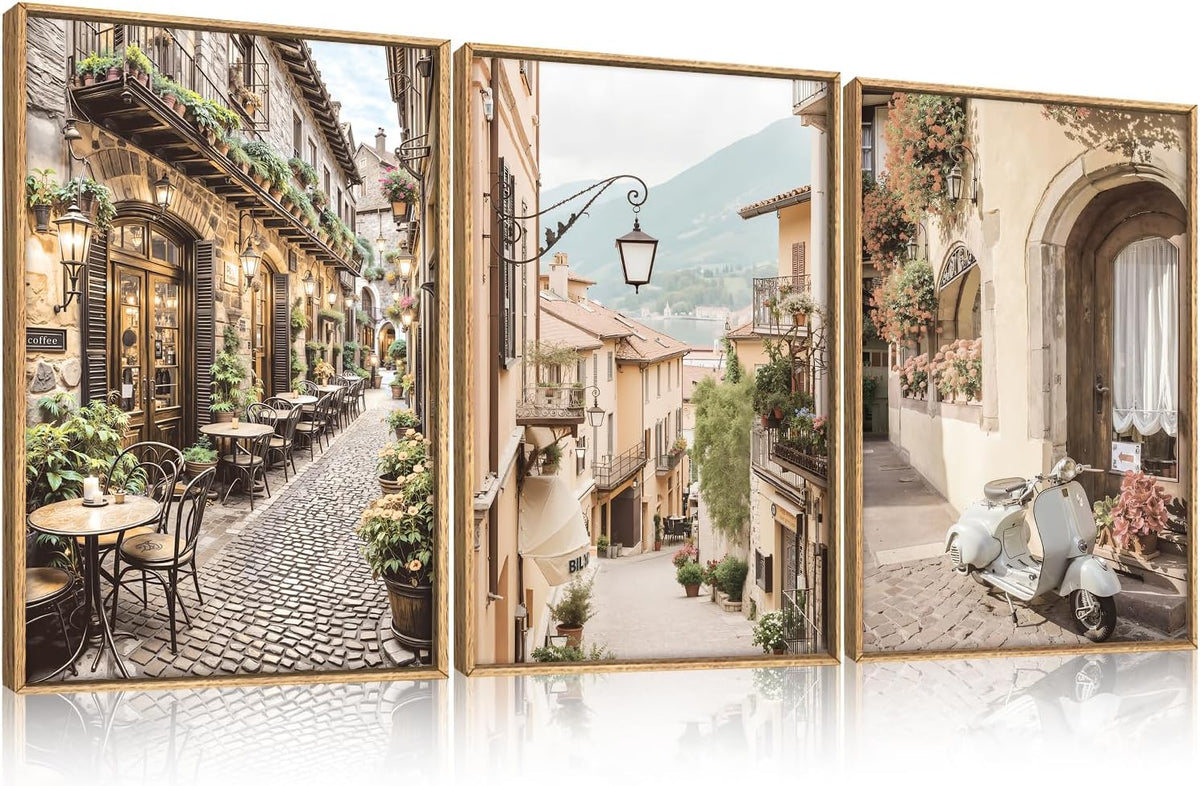 HPINUB Foreign Scenery Framed Canvas Wall Art Set,Vintage Travel City Wall Decor,Modern Minimalist