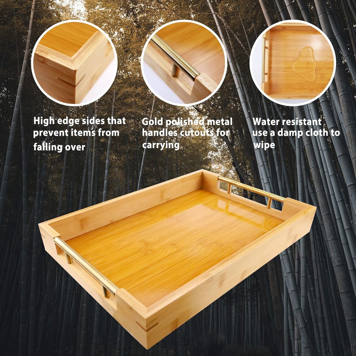 Bamboo Wood Serving Tray with Gold Polished Metal Handles, Decorative Tray Platter Coffee Table