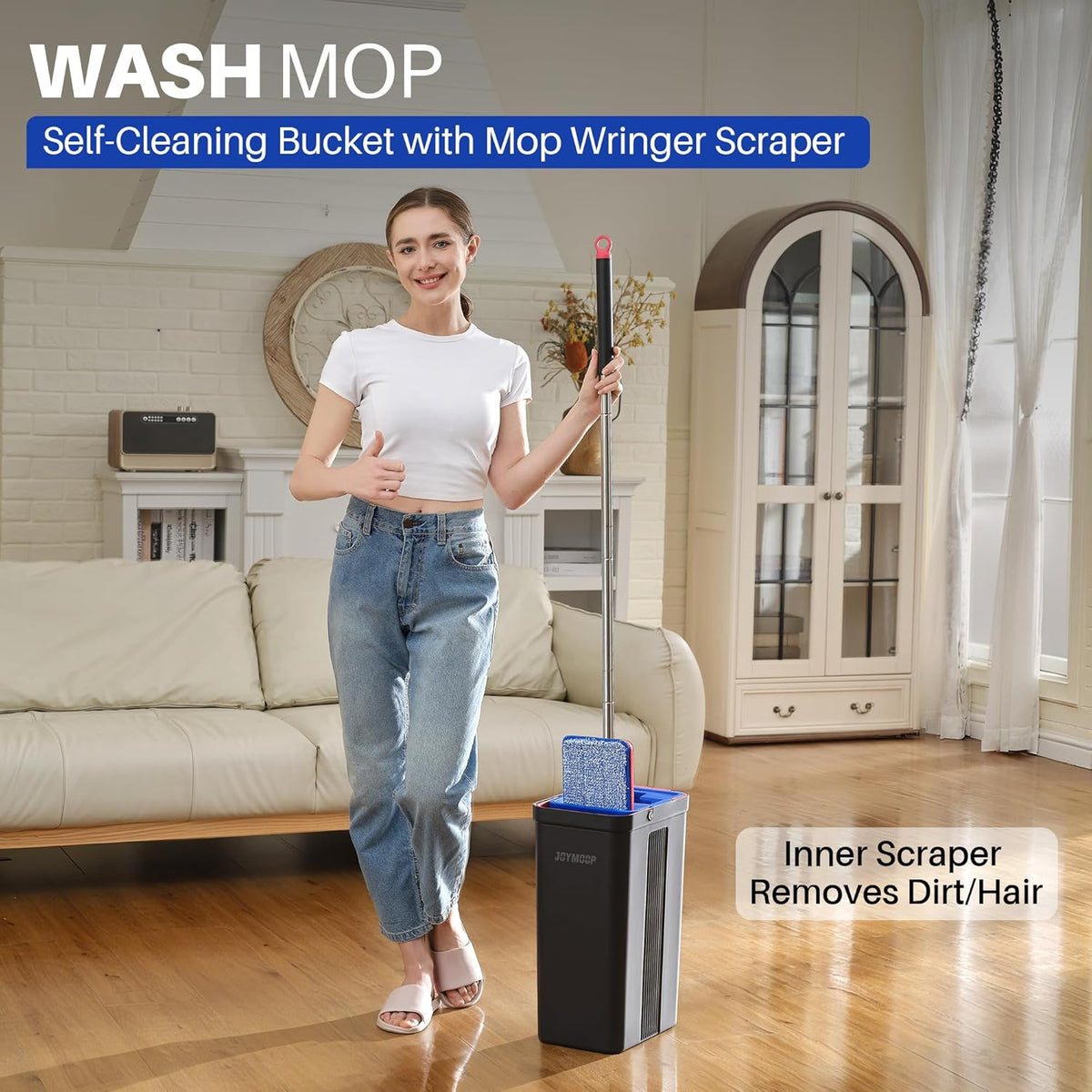 JOYMOOP Mop and Bucket with Wringer Set, Hands Free Flat Floor Mop and Bucket, with 4 Washable
