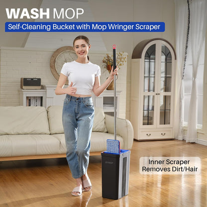 JOYMOOP Mop and Bucket with Wringer Set, Hands Free Flat Floor Mop and Bucket, with 6 Washable