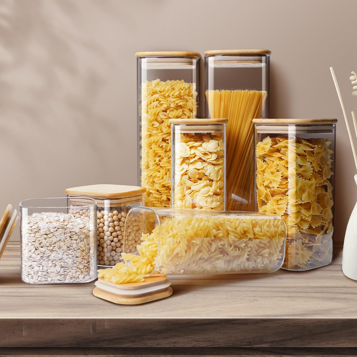 Square Glass Jars with Bamboo Lids 30 FL OZ [Set of 6], Glass Canisters with Airtight Lid, Glass