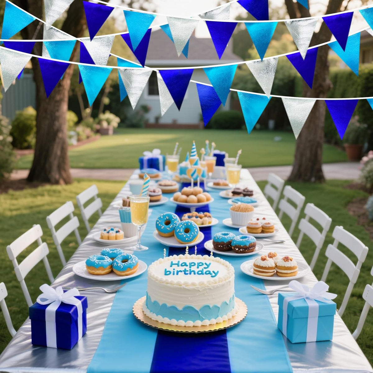 Navy Blue Silver Party Decorations Metallic Fabric Triangle Pennant Banner Flag Bunting Garland for