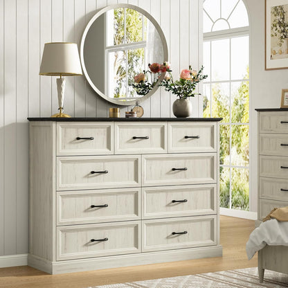 Farmhouse 9 Drawer Dresser for Bedroom, 55 Inch Wide Modern White Dresser TV Stand with Large