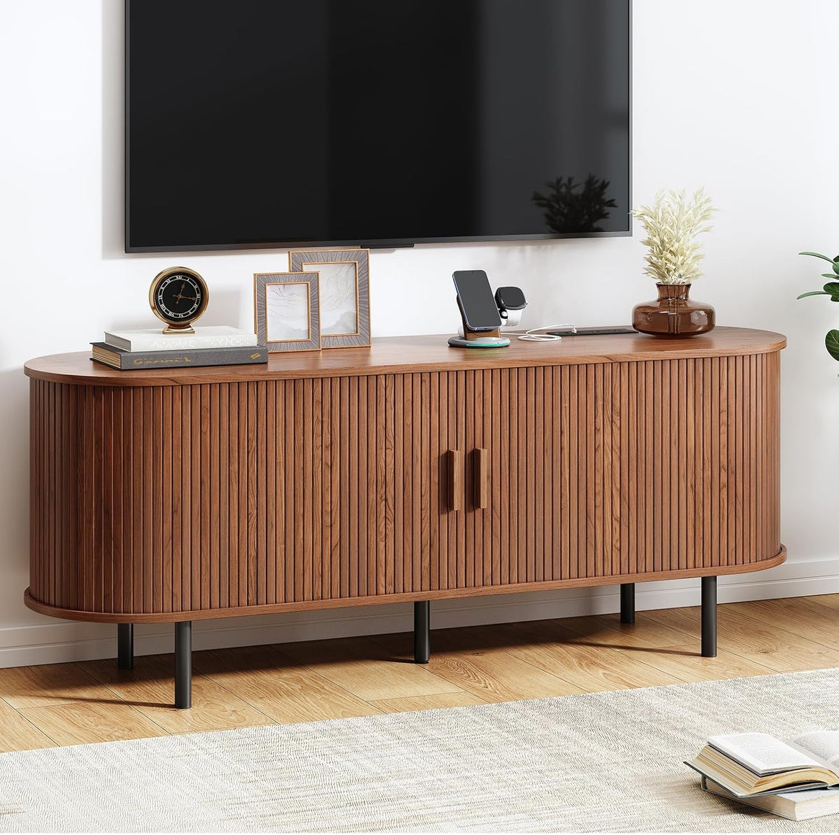 TV Stand with Power Outlet, Mid-Century Modern Television Stand, Media Console with Sliding Doors