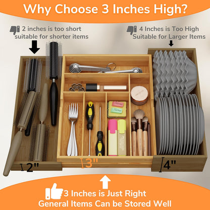 BAMEOS 3" Deepth Expandable Drawer Organizer, Deep Flatware Organizer, Adjustable Silverware