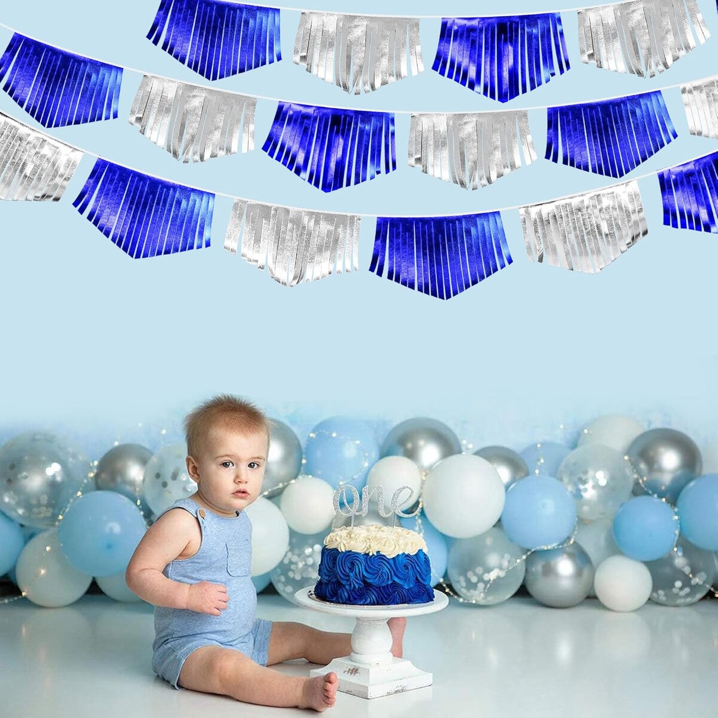 Royal Blue Silver Tassel Banner Metallic Fabric Pennant Bunting Flag for Graduation Birthday