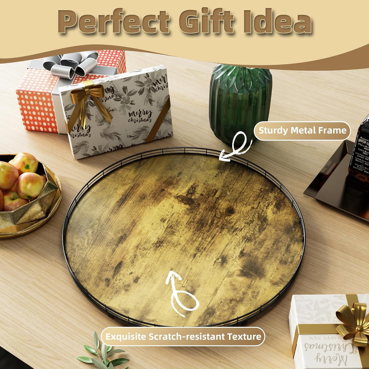 Lazy Susan Turntable Organizer for Table Top, 24’’ Round Wooden Lazy Susan for Cabinet Kitchen