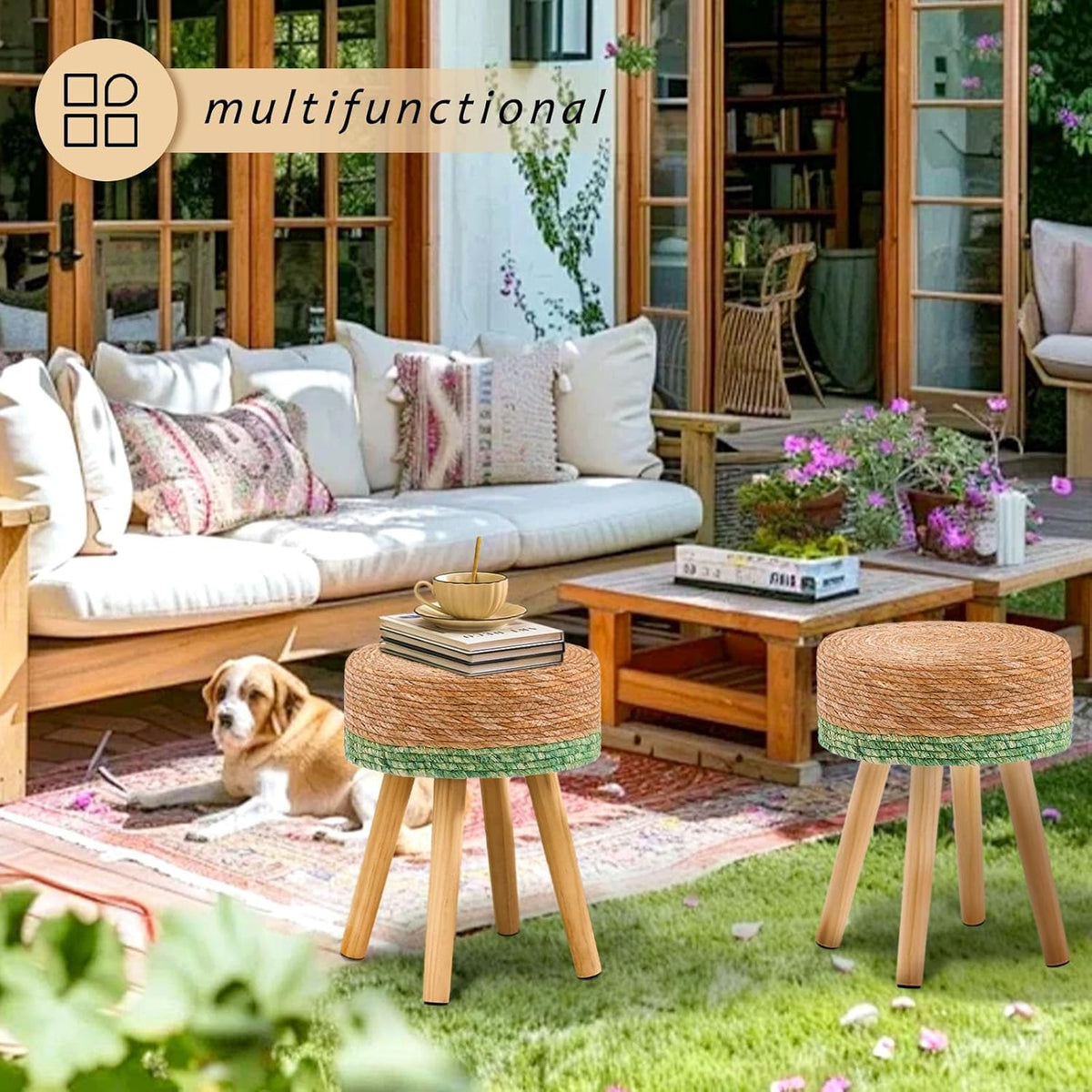 Handwoven Outdoor Ottoman, Water Hyacinth Pouf Round Patio Footstool with Wood Legs, 17-Inch