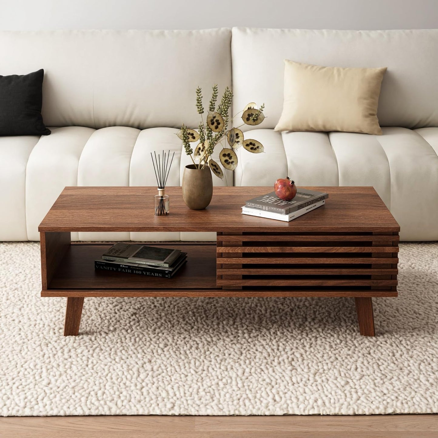 Mid Century Coffee Table with Storage & Sliding Fence Door, Modern Coffee Tables for Living Room